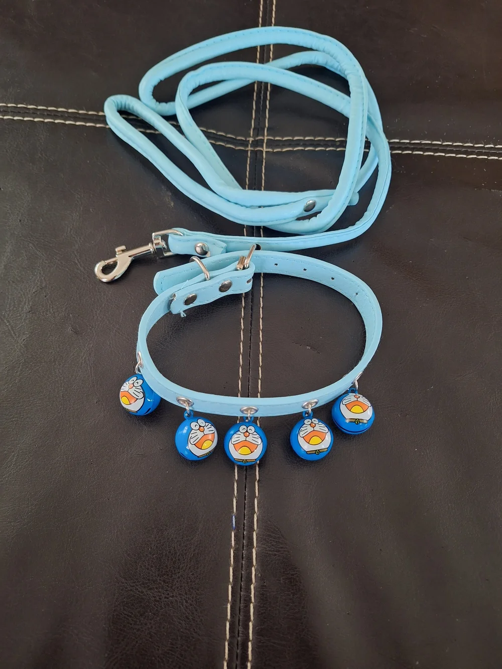 Light Blue Pet Collar and Leash Set with Cartoon Charms